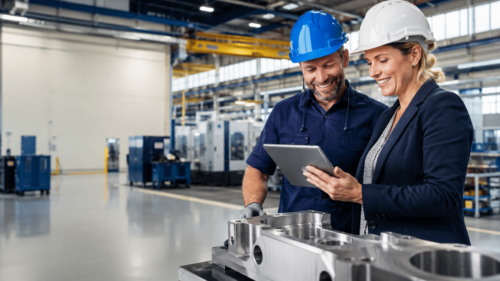 Kwaliteitsmanager en productiemedewerker controleren samen een industrieel onderdeel met een digitale checklist
